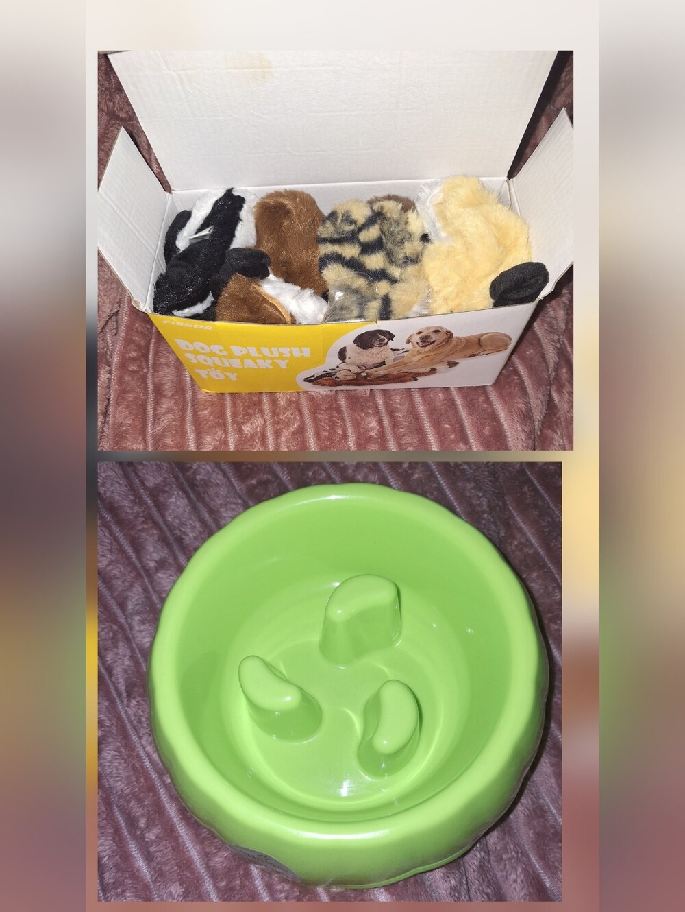 Plush Squeaky Dog Toys - Multi Faux Fur With Green Slow Feeder Pet Bowl